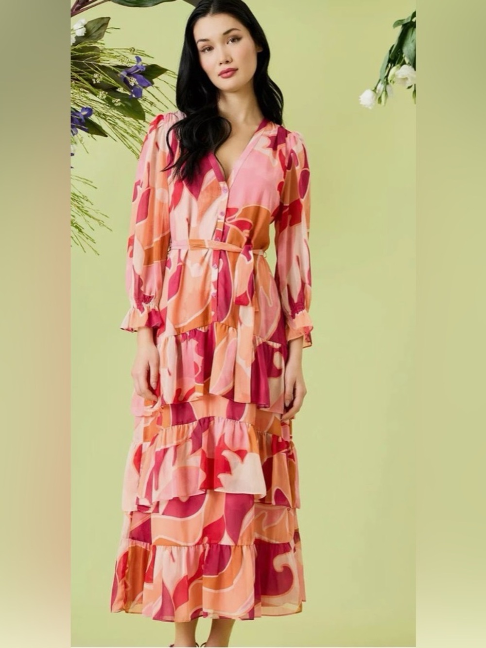 Donna Morgan Printed Belted Tiered Shirtdress MSRP $148